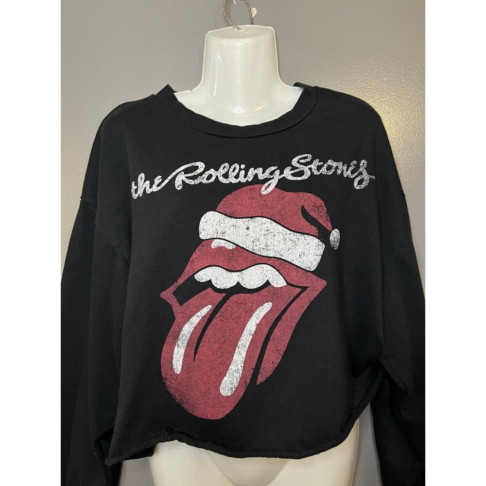 The Rolling Stones Sweatshirt Womens XXL Black Santa Tongue Cropped Long Sleeve